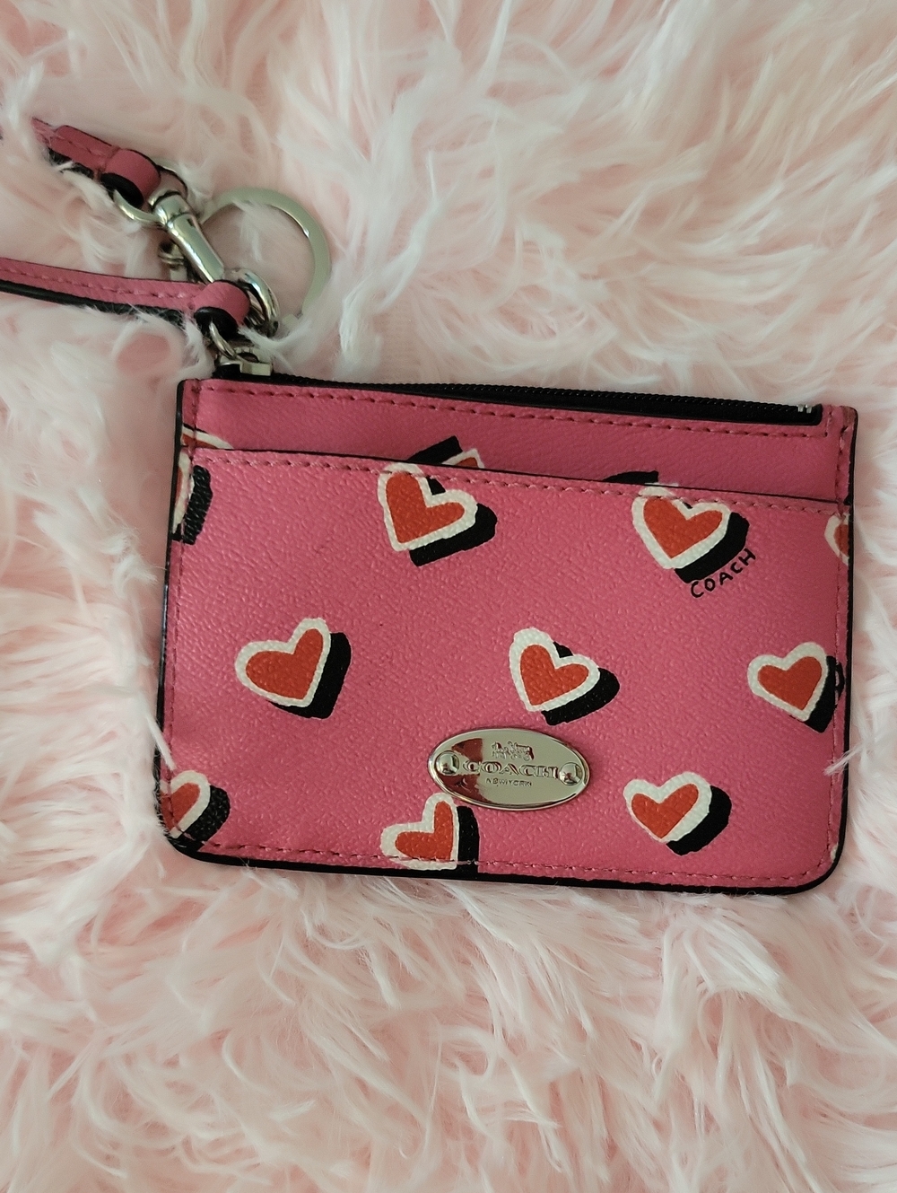 Coach Pink Heart Print Card Case Keyring